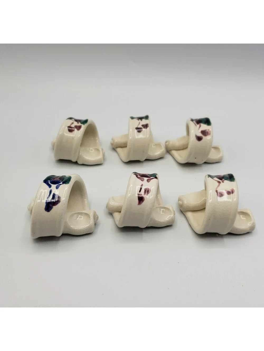 Art Pottery Napkin Rings Set of 6 White Purple Flower Hand Made Artisan